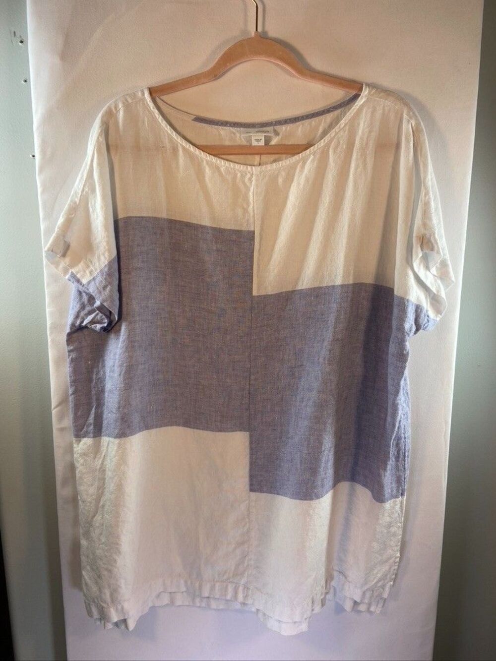 PURE JILL LINEN WOMEN SZ LARGE BOXY PURPLE COLOR BLOCK SHORT SLEEVE TUNIC TOP